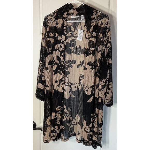 Susan Graver Sheer Open Front Black & Beige Kimono Plus 2X - Picture 1 of 5